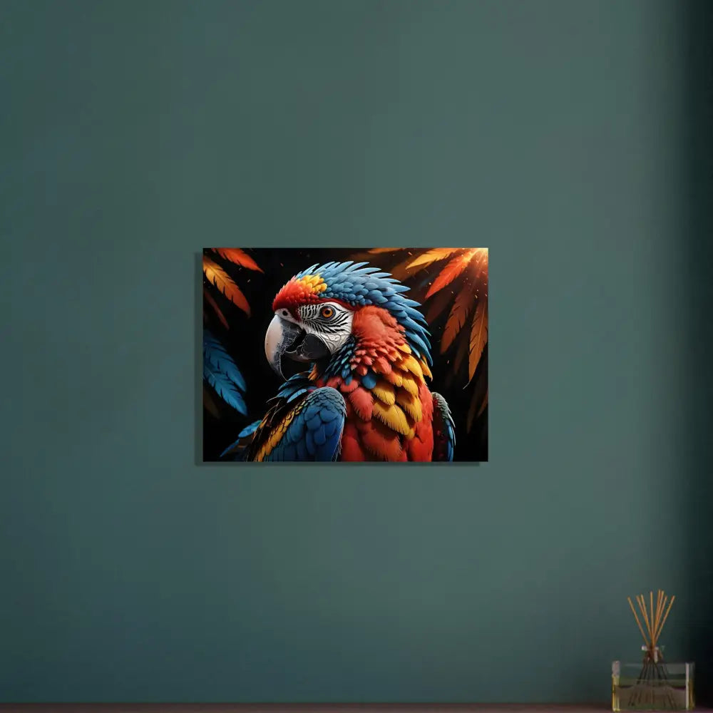 Colorful parrot art print on Aluminum Print Macaw Ascendant from PixiOnyx Nature Alloy