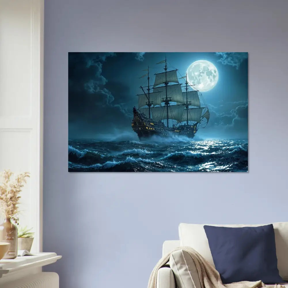 Moonlit sailing ship canvas print in the PixiOnyx Glimmersteel Edition