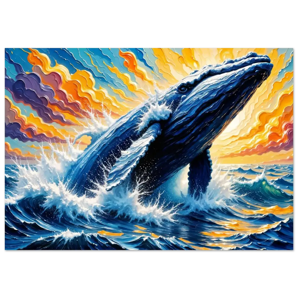 Blue whale breaching in vibrant ocean scene on Aluminum Print Ocean King explodes floating wall mount