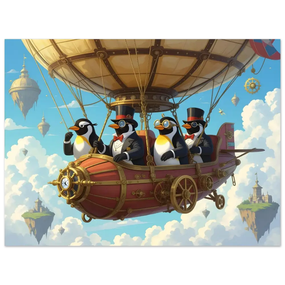Steampunk penguin airship aluminum print artwork for Penguin Zeppelin Society Sky Voyage Metal Edition