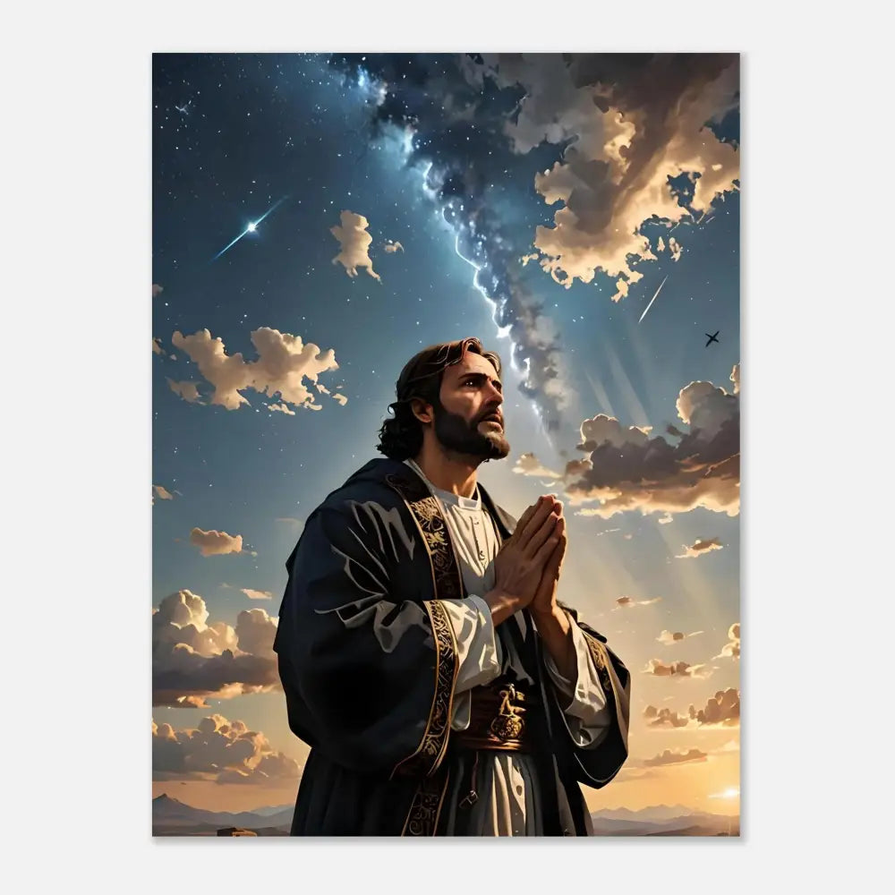 Man praying under a celestial sky on Aluminum Print Prayer to the Cosmos PixiOnyx