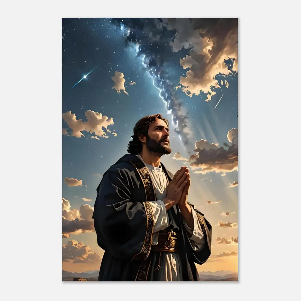 Man praying under a celestial sky aluminum print Prayer to the Cosmos PixiOnyx