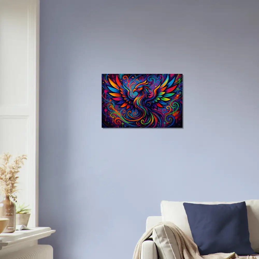 Colorful phoenix artwork on Aluminum Print Rebirth in Neon Flame PixiOnyx Metal Art