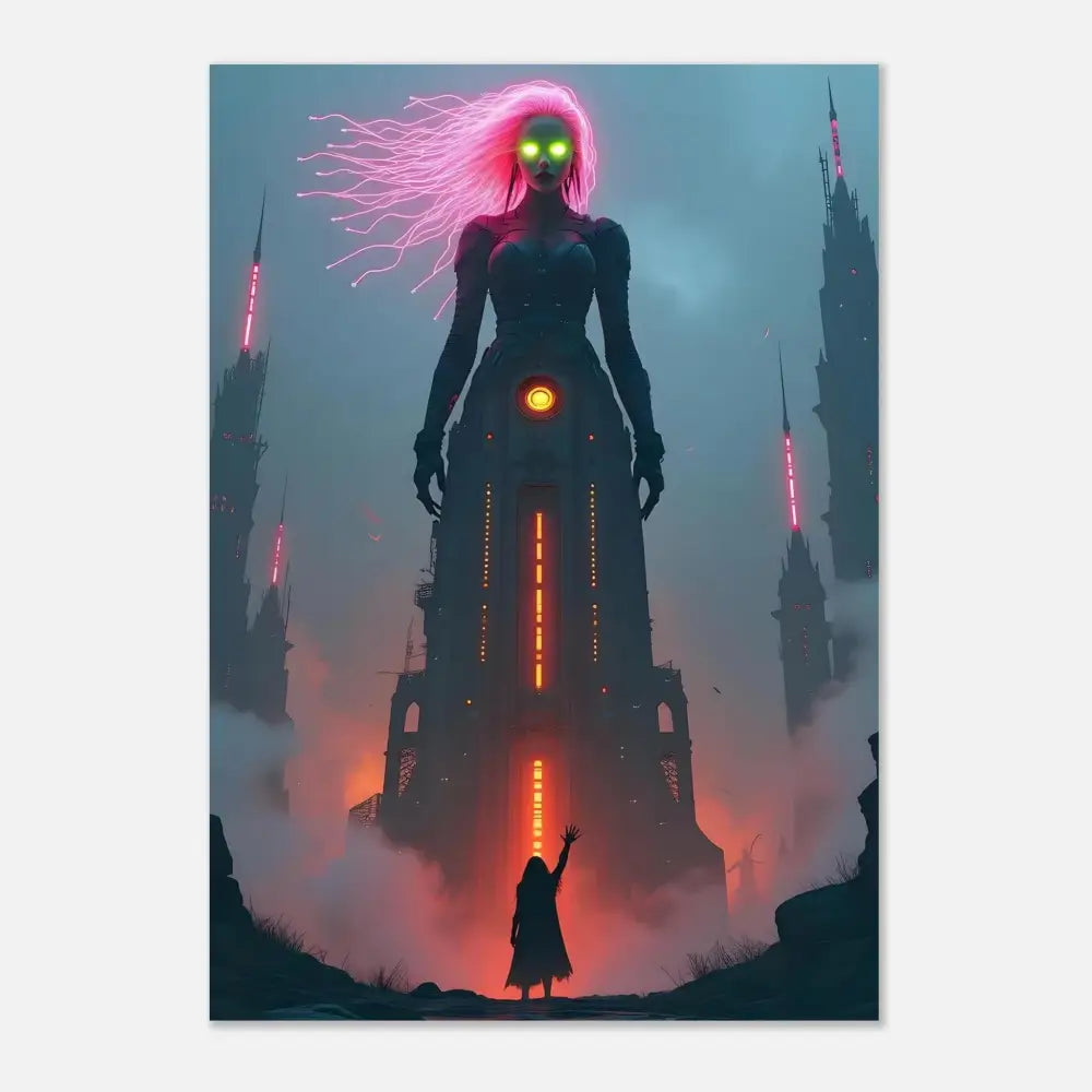 Cybernetic sorceress towering over futuristic cityscape on Aluminum Print Sci-fi Fairytale PixiOnyx
