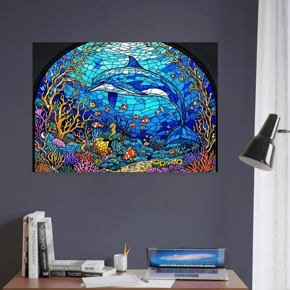 Stained glass dolphin artwork on Aluminum Print Sea Cathedral PixiOnyx Oceanlight Relic