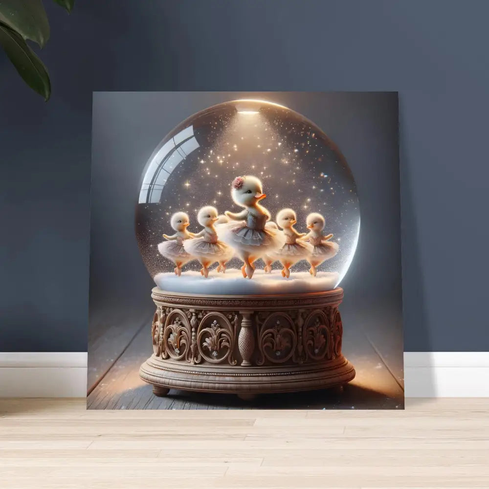Duckling ballerina snow globe figurine in a whimsical winter aluminum print