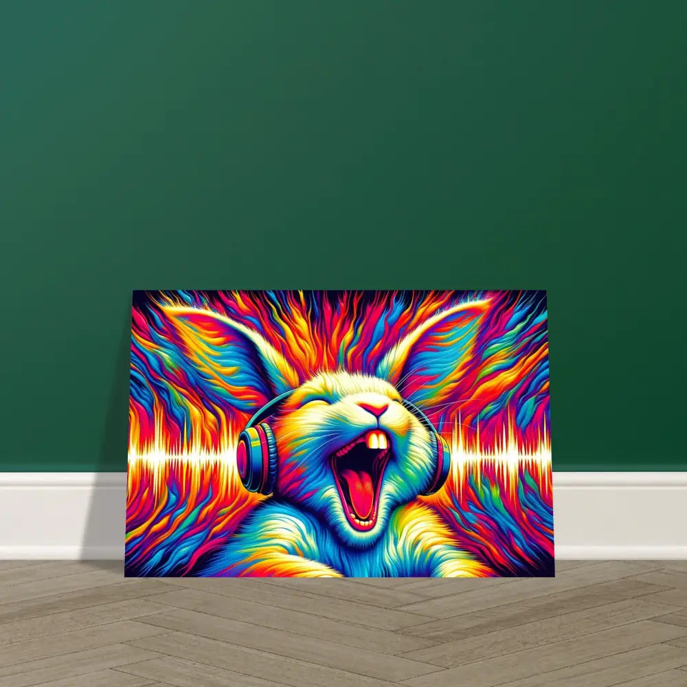 Colorful rabbit art with headphones on Aluminum Print Sonic Scream Psycho Cottontail Quartet