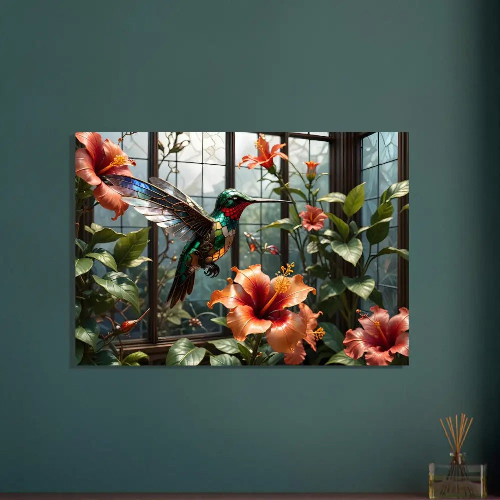 Hummingbird and hibiscus floral art on Aluminum Print Steampunk Hummingbird Nature Panel