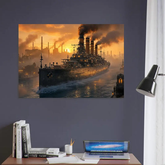 Aluminum print of a battle-borne beast rendered steampunk battleship in PixiOnyx Metalcore Reflection