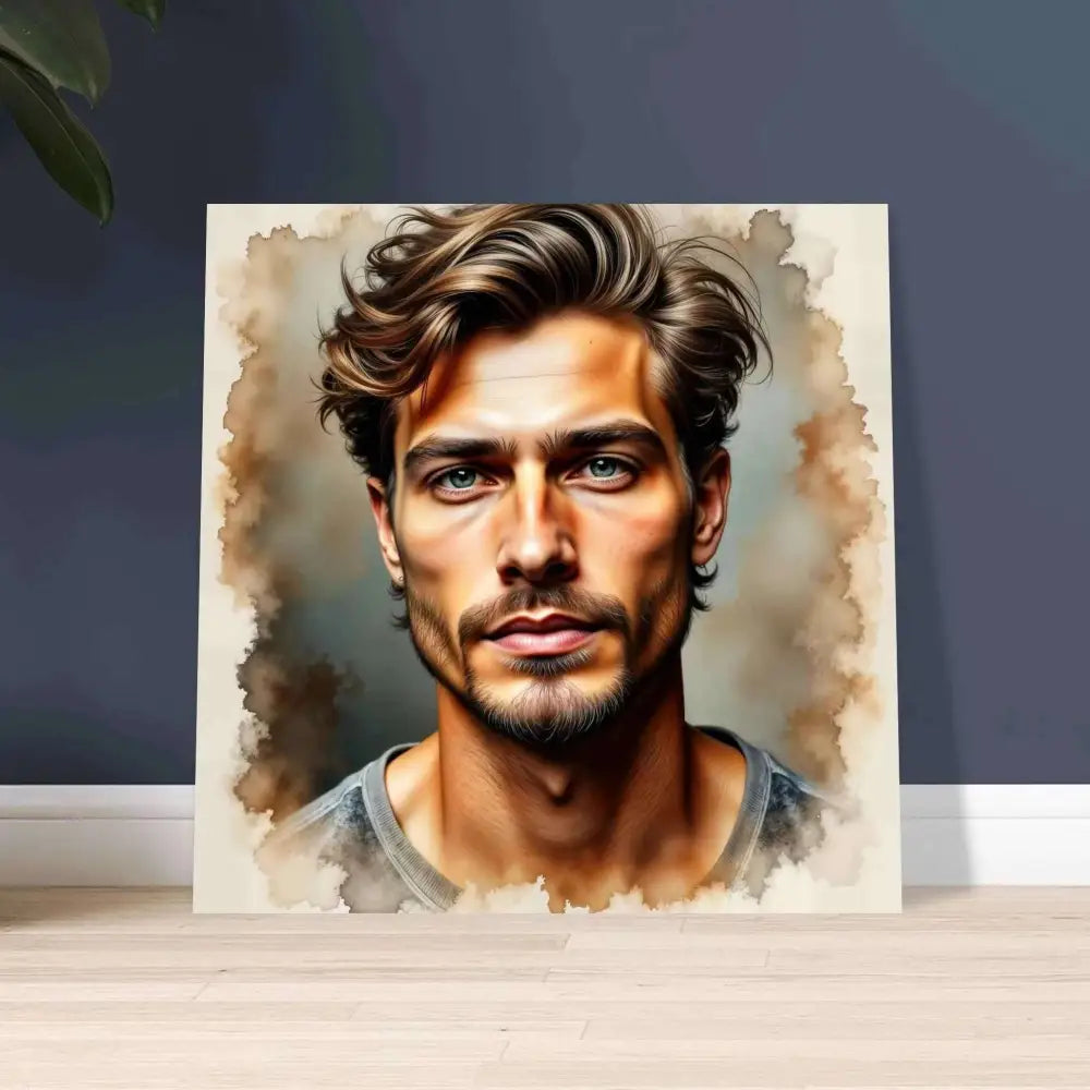 Watercolor portrait of man with green eyes in Stormworn Resolve Aluminum Print PixiOnyx Luminous Edge Series
