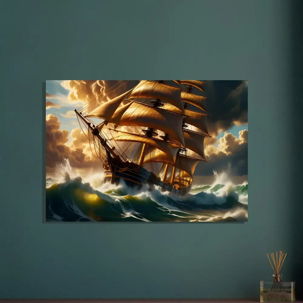 Framed ship painting aluminum print titled Tempestbound Sovereign by PixiOnyx Metal Seascape