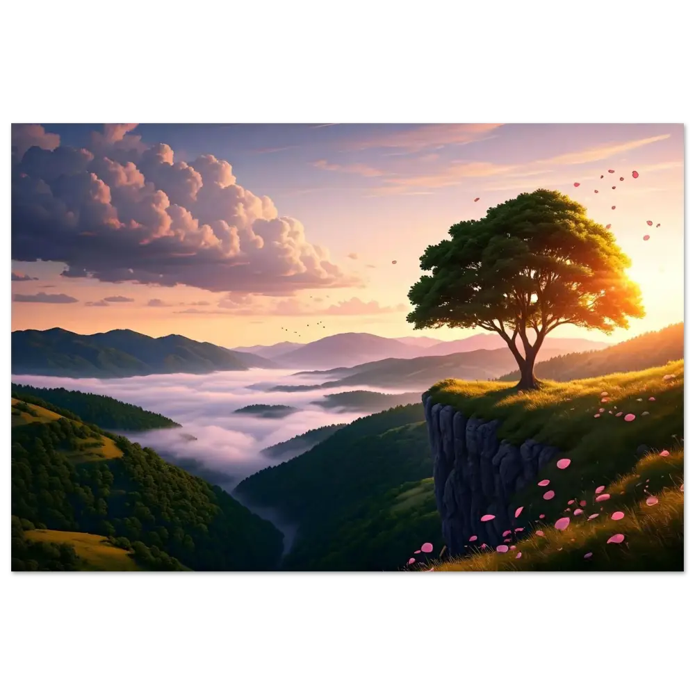 Scenic cliffside tree on Aluminum Print The Edge of Dawn PixiOnyx Radiant Metal Panel