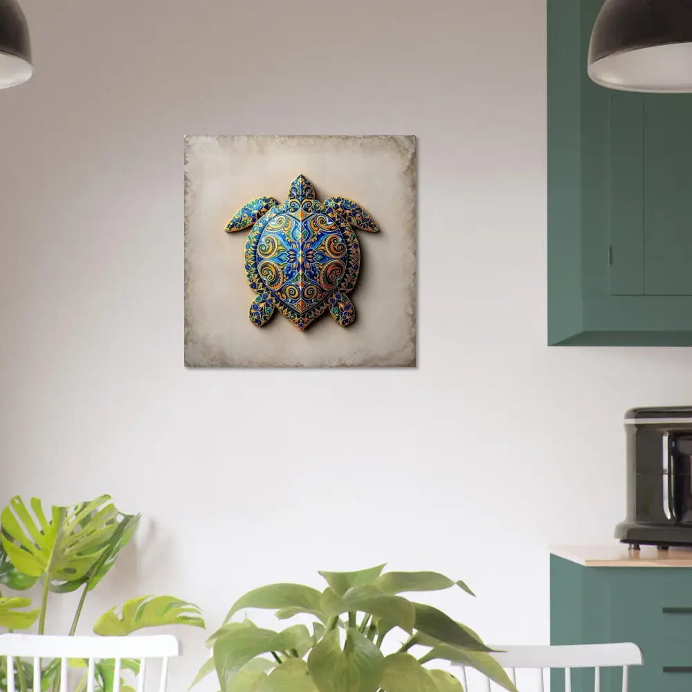 Ornate turtle wall art aluminum print with intricate shell pattern design