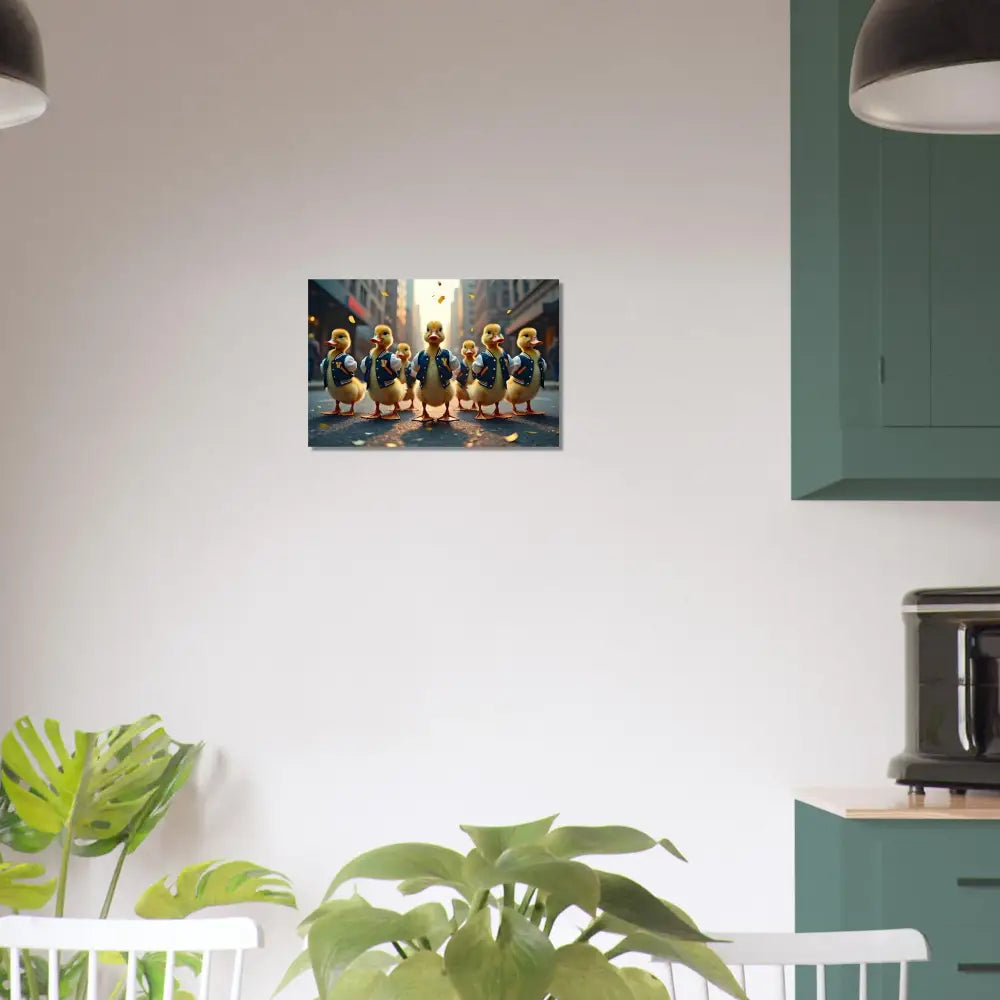 Duckling parade wall art on Aluminum Print Varsity Duck Squad urban animal design