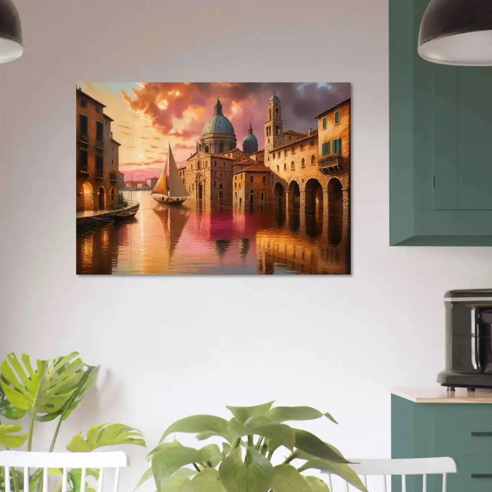 Aluminum print of Venetian Reverie depicting a vibrant European canal city at sunset