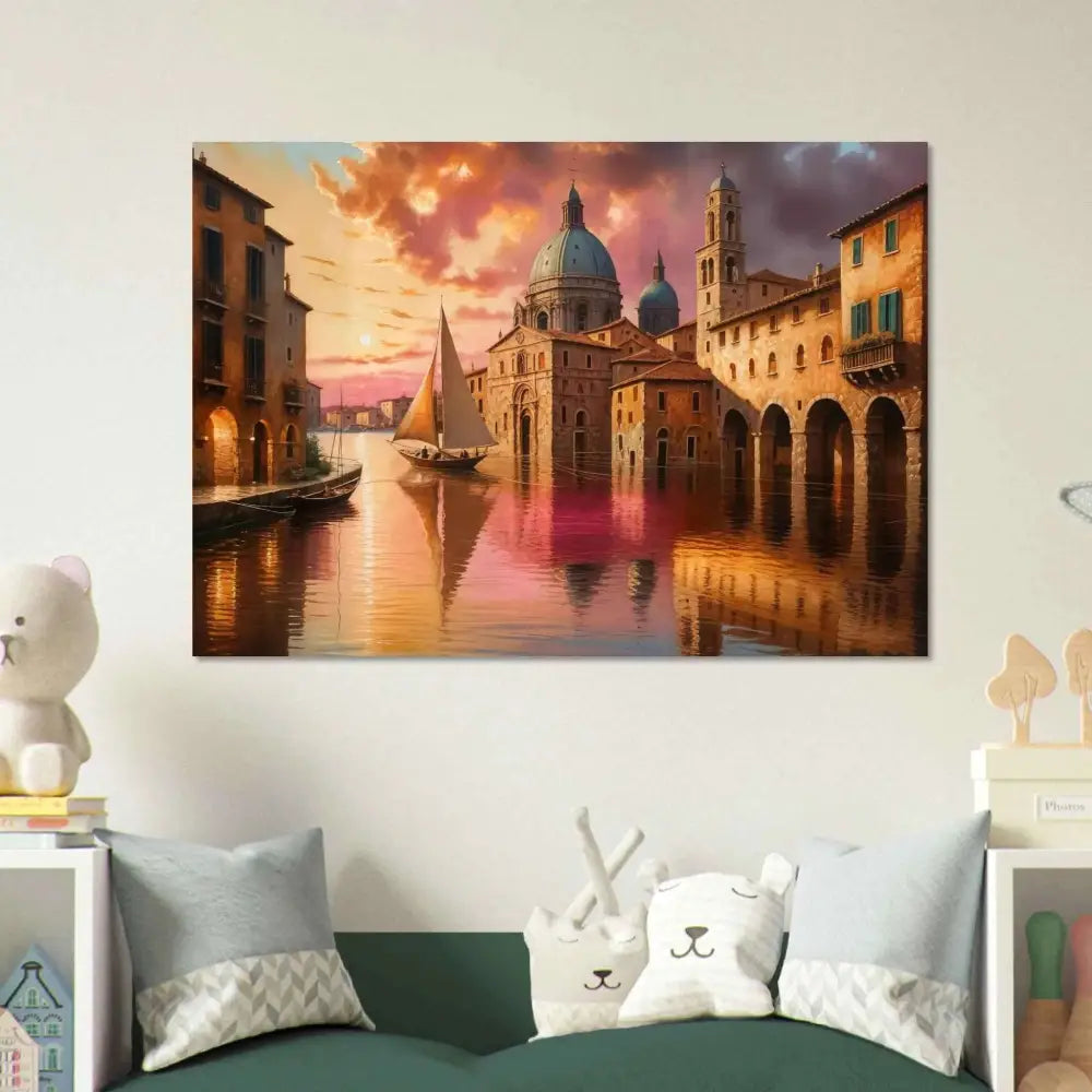 Venetian Reverie aluminum print captures light with vibrant cityscape and river boats