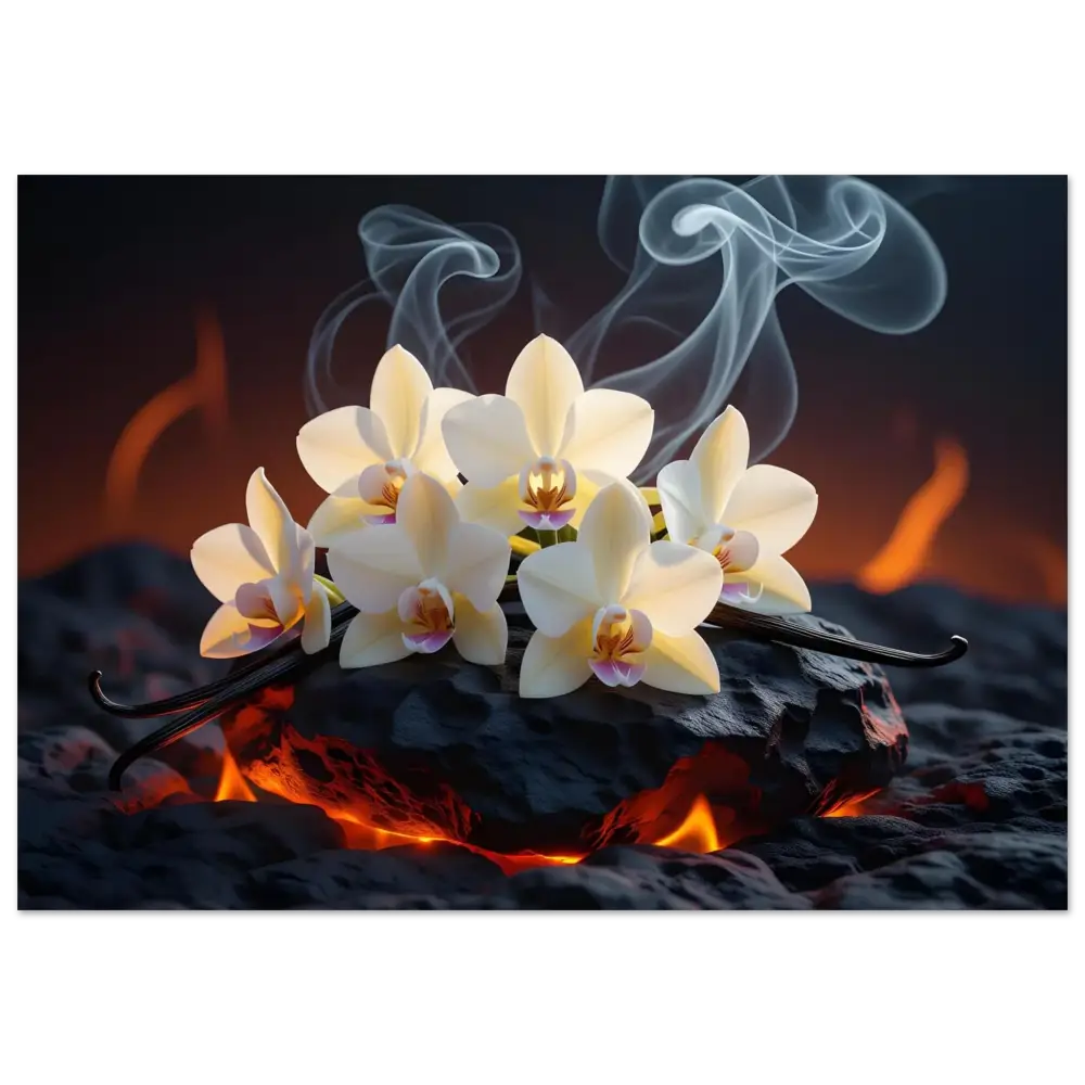 Delicate white orchids with vanilla beans on Aluminum Print Volcanic Vanilla PixiOnyx Firebloom