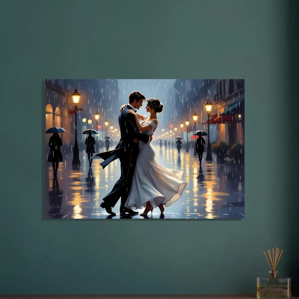 Romantic couple dancing in the rain displayed on Aluminum Print Waltz in the Rain PixiOnyx