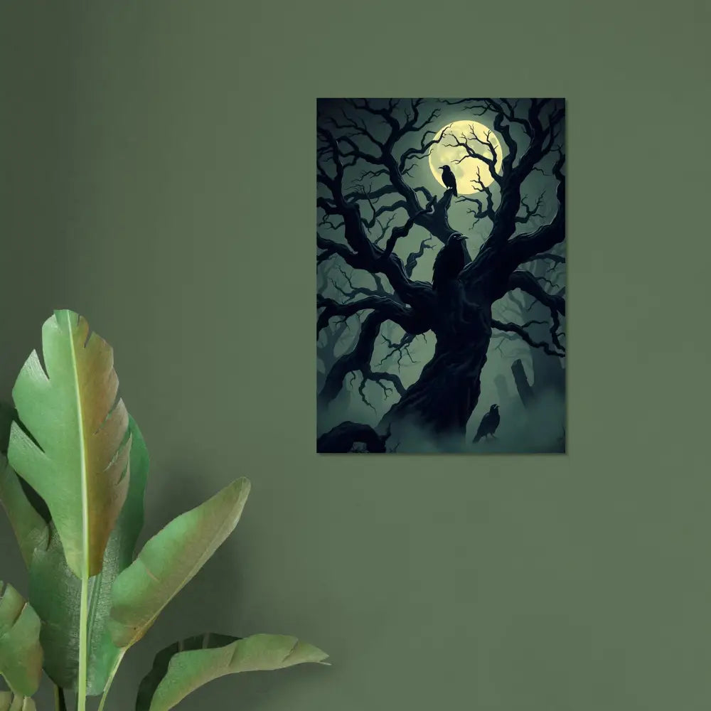 Spooky tree with crows and full moon aluminum print Watcher of the Crooked Moon PixiOnyx Hollow Shine Series