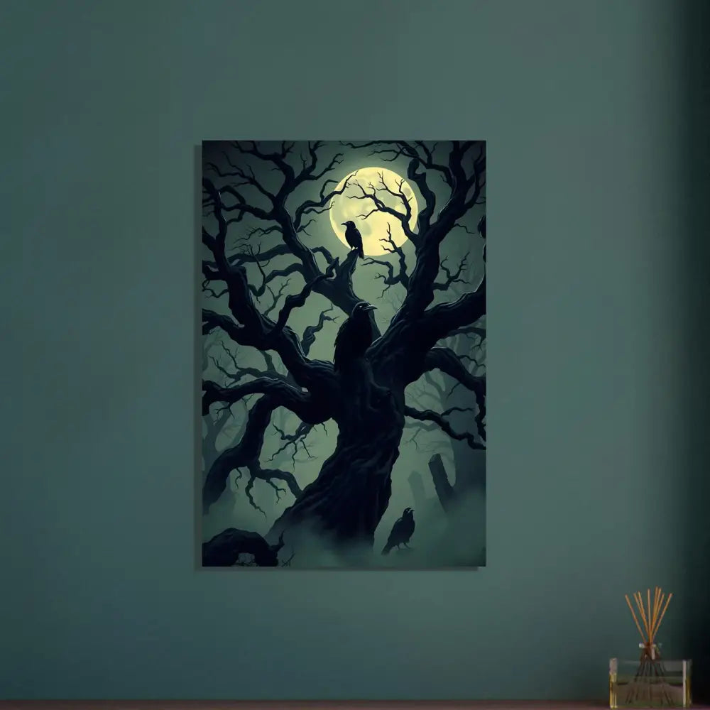 Aluminum print Watcher of the Crooked Moon featuring a spooky tree with crows under a full moon