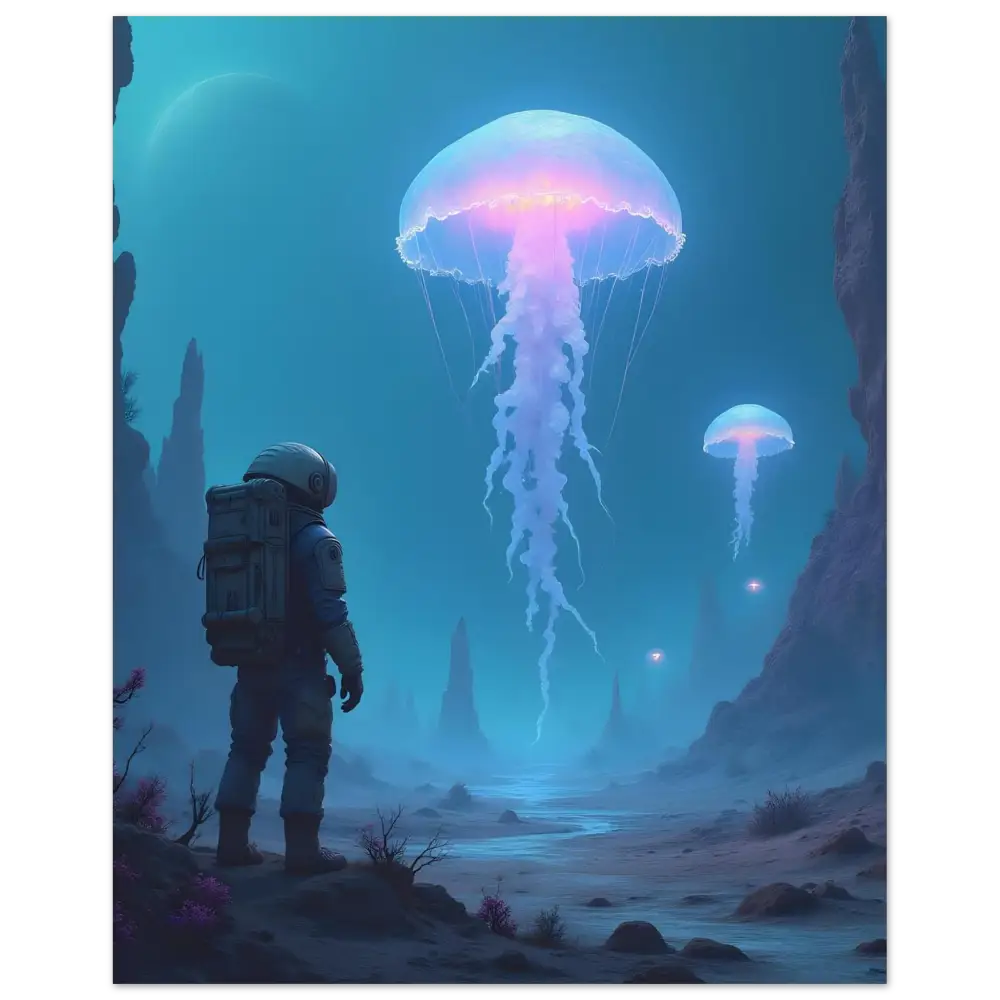 Astronaut gazing at bioluminescent jellyfish on Aluminum Wall Art Deep Drift Encounter