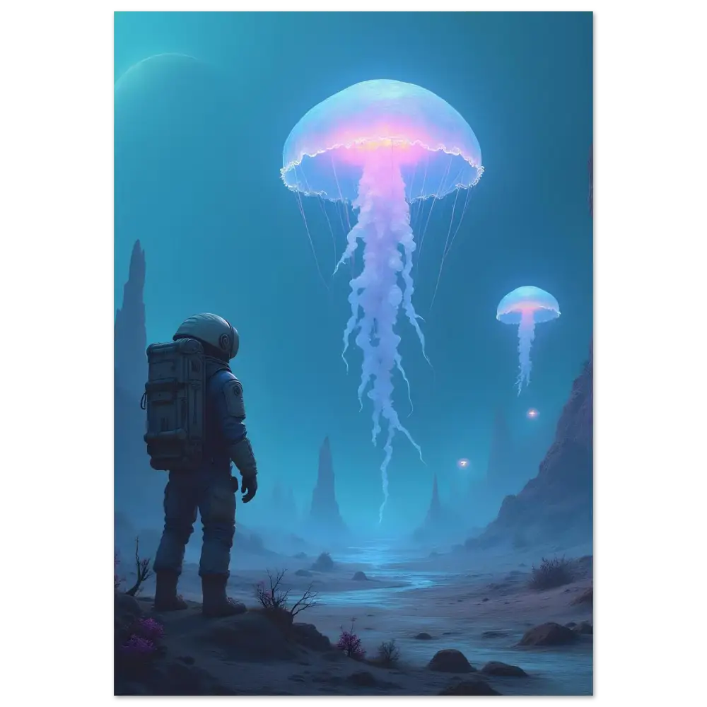 Astronaut gazing at glowing jellyfish on Aluminum Wall Art Deep Drift Encounter PIXIONYX
