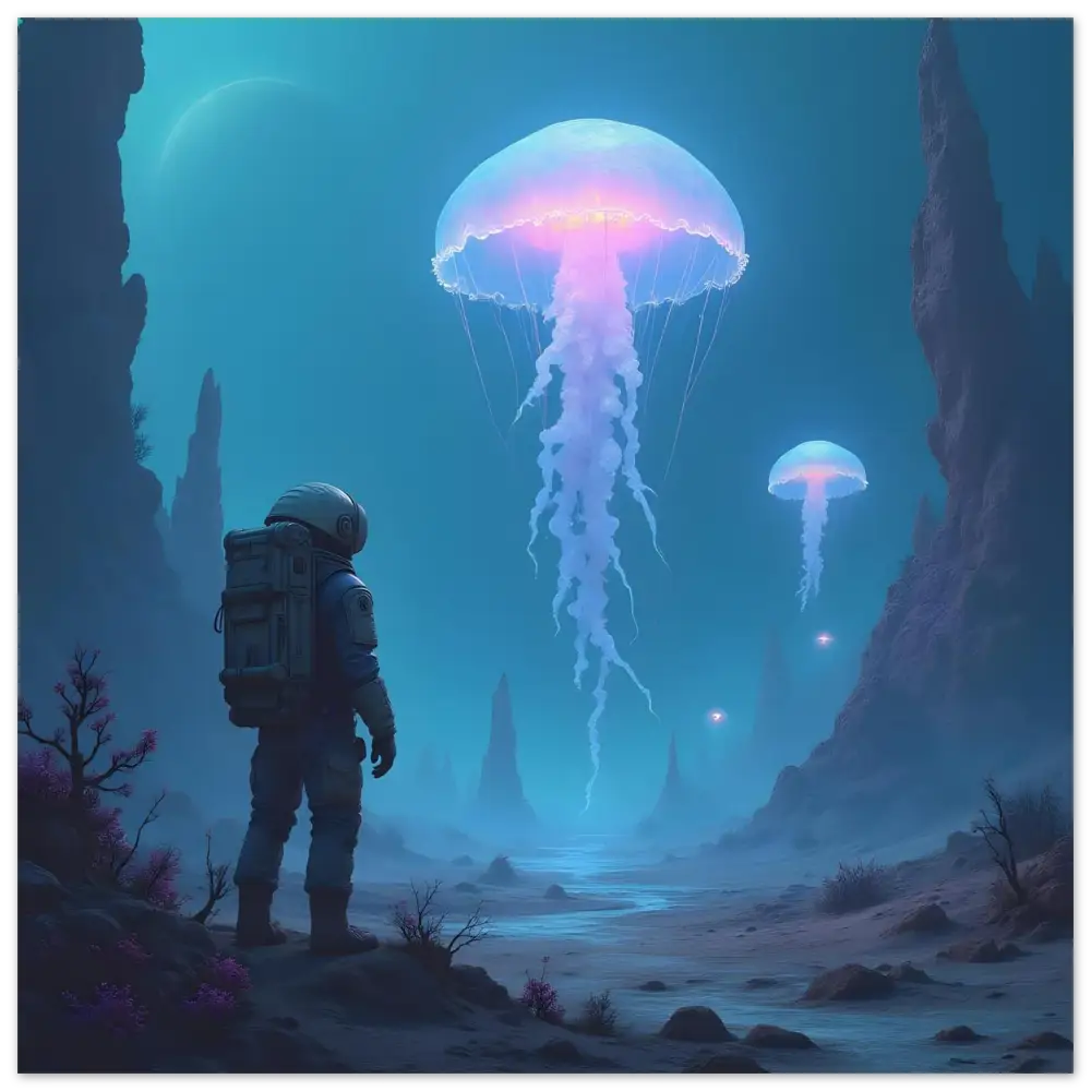Glowing jellyfish in an alien landscape featured in PixiOnyx Sci-Fi Jellyfish Panel Aluminum Wall Art