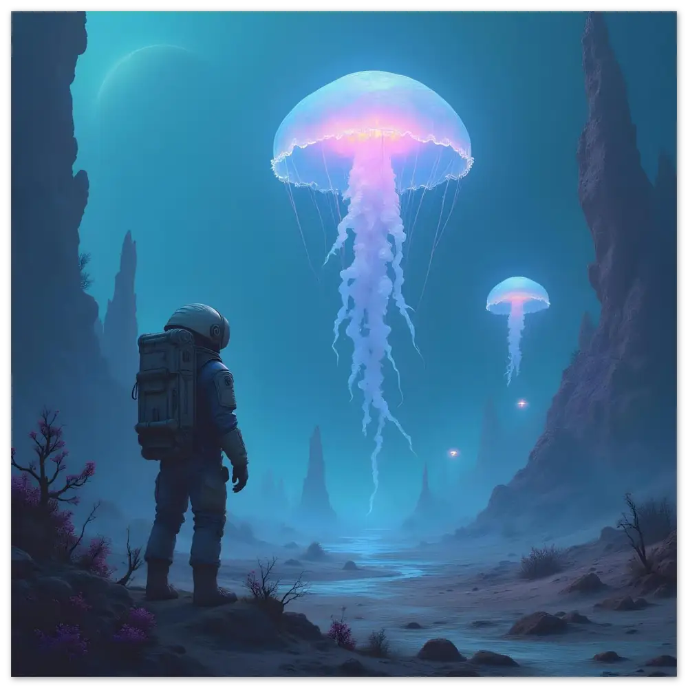 Astronaut gazing at bioluminescent jellyfish displayed on Aluminum Wall Art Deep Drift Encounter