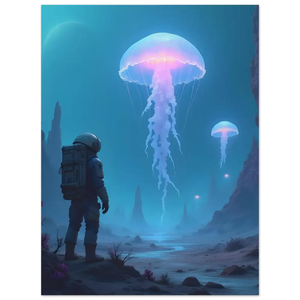 Astronaut gazing at glowing jellyfish displayed on Deep Drift Encounter Aluminum Wall Art