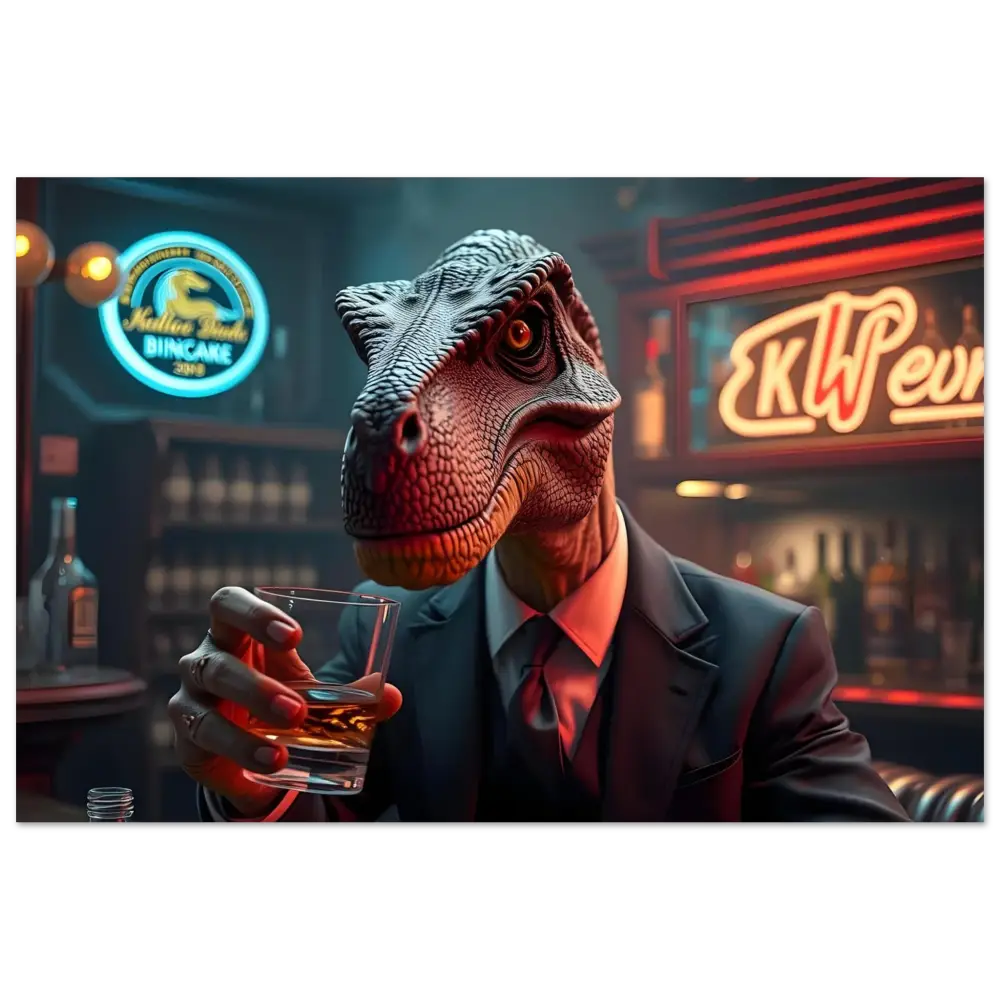 Dinosaur in a suit drinking whiskey on Aluminum Wall Art Whiskey Raptor After Hours