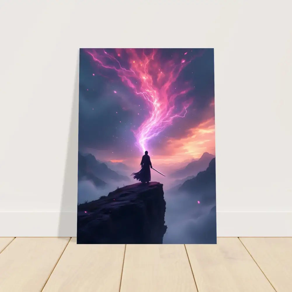 Fantasy art print featuring a cosmic cliff and blade of light for Aluminum Warrior Print