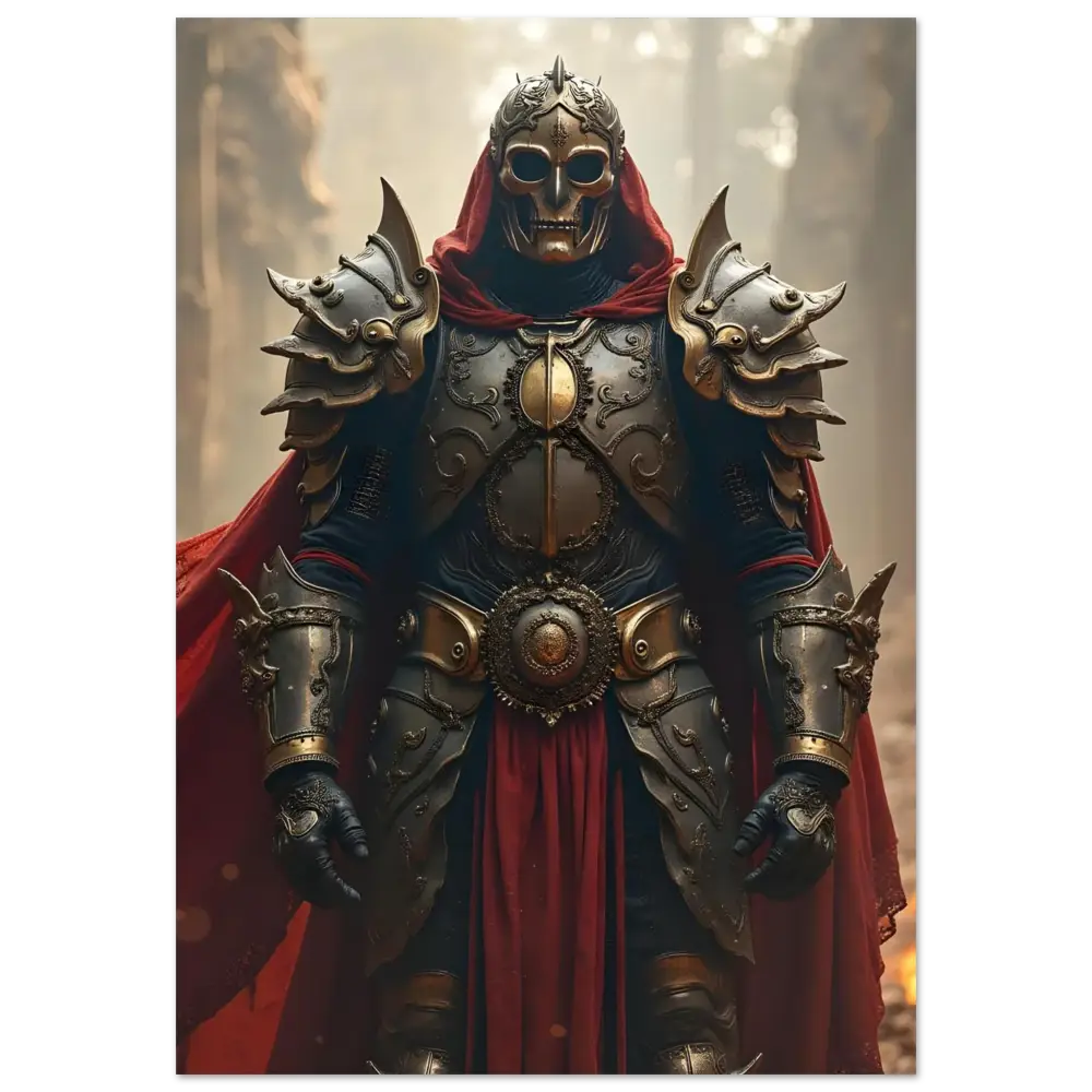 Ornate skull-masked knight armor displayed on Armoured Warrior Metal Print Steel Oath PixiOnyx