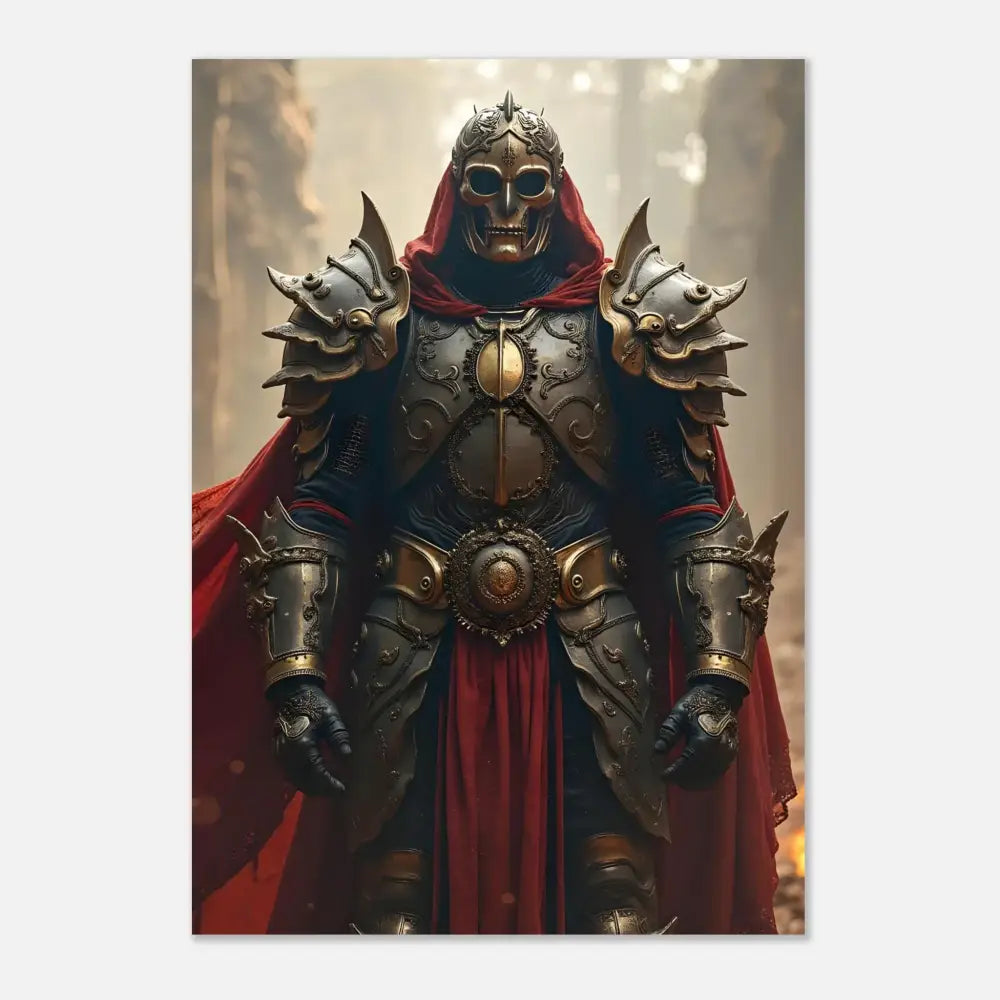 Ornate skull-masked knight in detailed armor on Armoured Warrior Metal Print Steel Oath