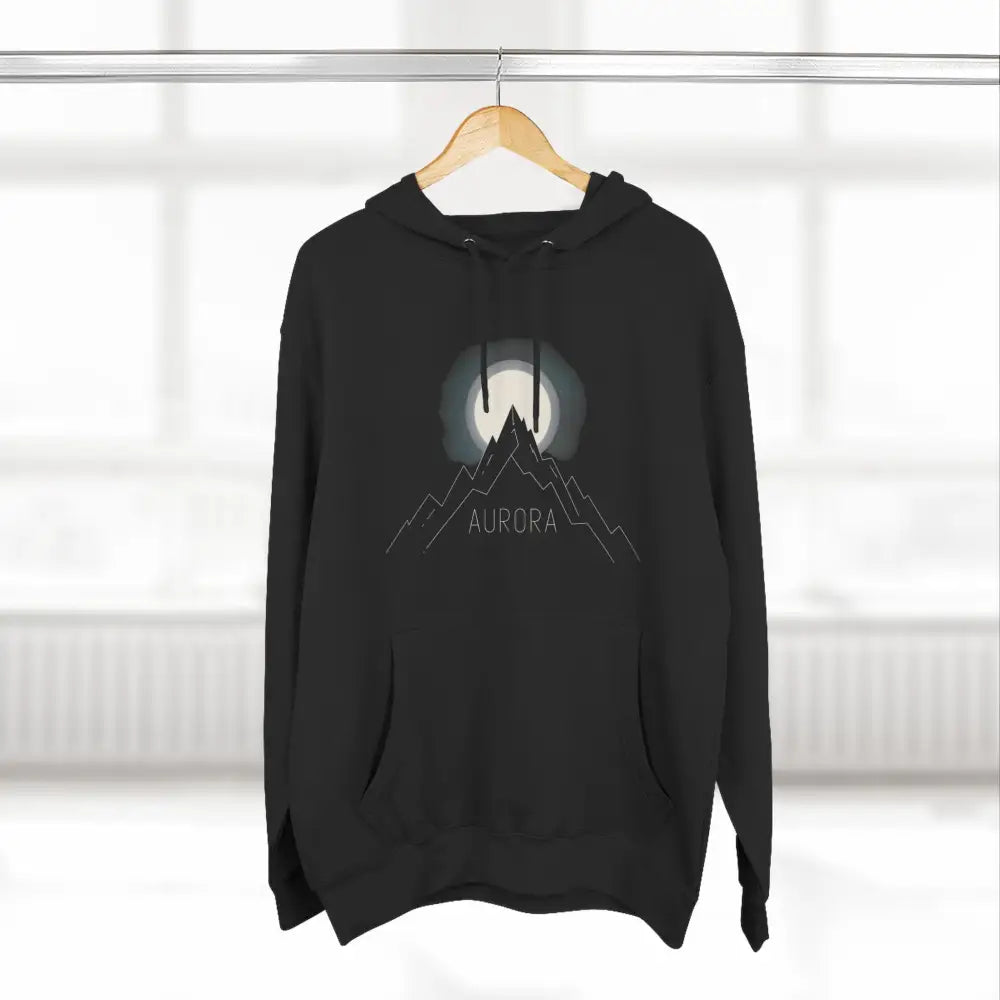 Black hooded sweatshirt with mountain and moon graphic, cozy fleece, machine wash max 30c