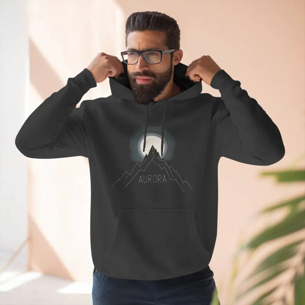 Men’s black pullover hoodie with mountain and moon graphic, machine washable at max 30c