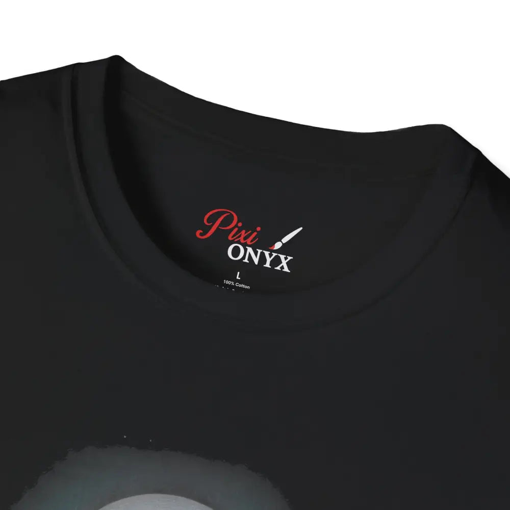 Black crew-neck T-shirt with ribbed knit collar, shoulder tape stabilizes, tagless label