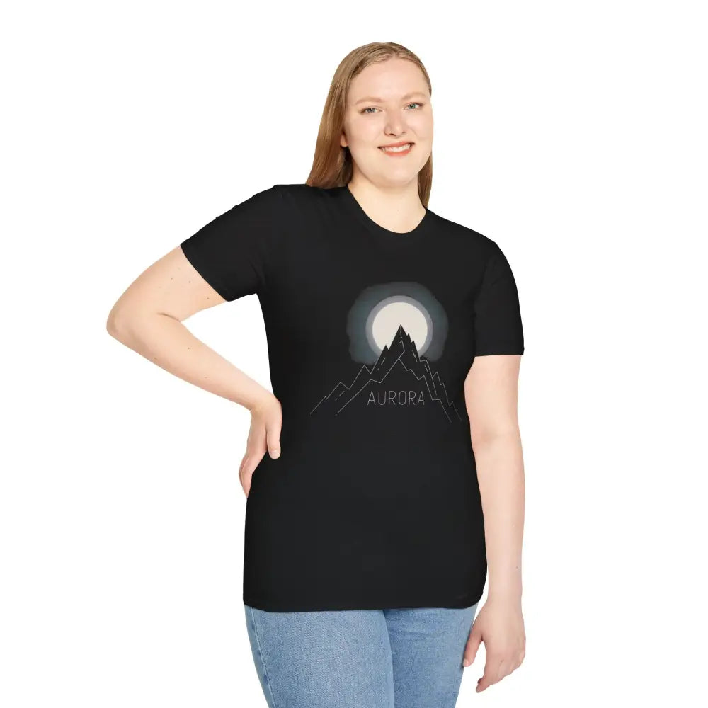 Black Aurora Mountain Unisex Softstyle T-Shirt with mountain and moon graphic, ribbed knit collar