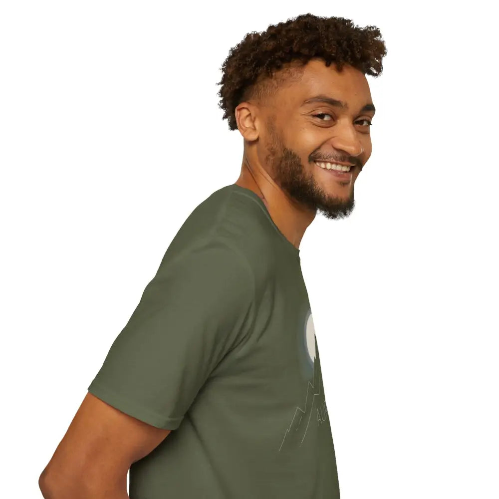 Men’s olive green short-sleeve T-shirt with mountain and moon graphic, ribbed collar, shoulder tape, reduces fabric waste