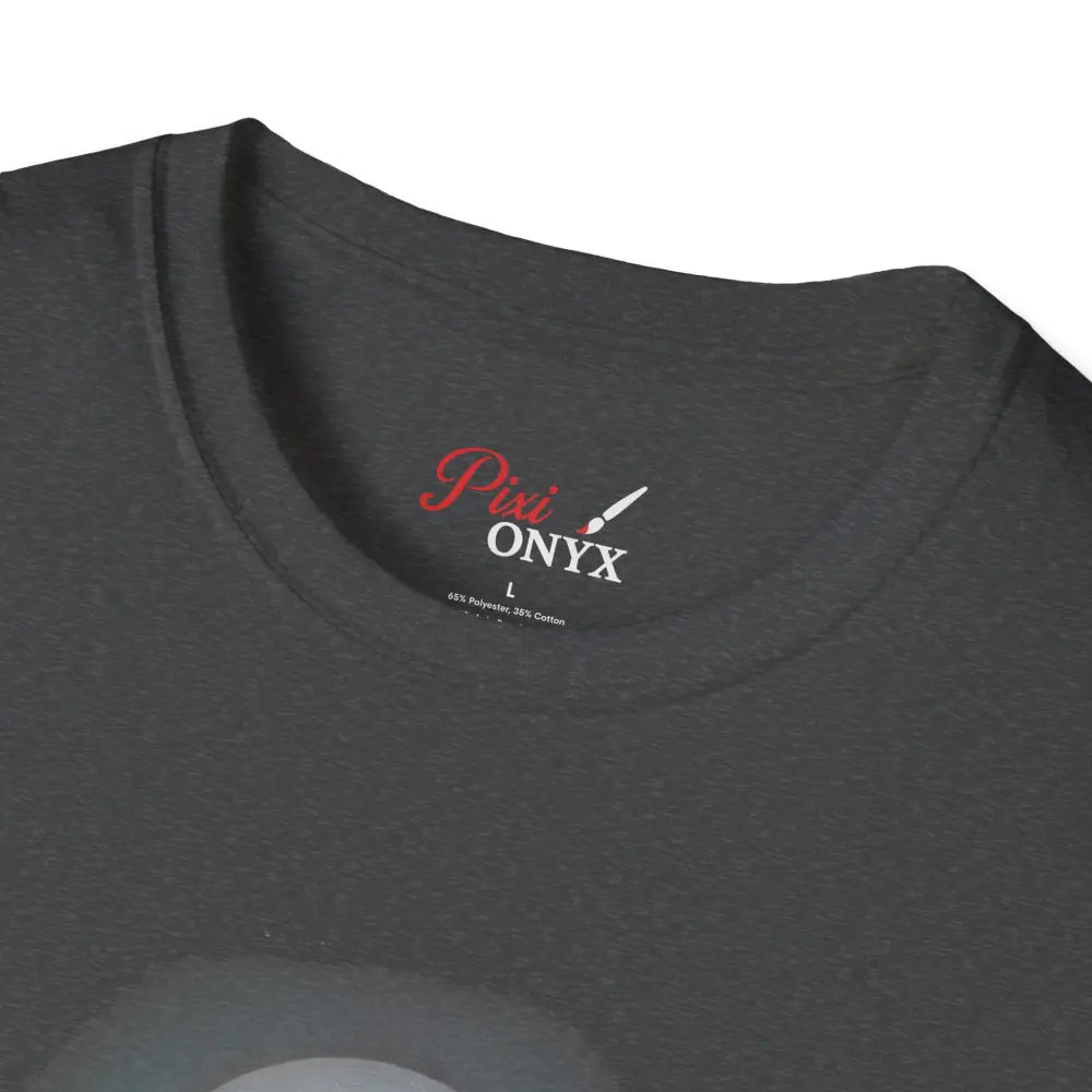 Dark gray Aurora Mountain Unisex Softstyle T-Shirt with red and white brand label, ribbed knit collar, shoulder tape stabilizes, reduces fabric waste