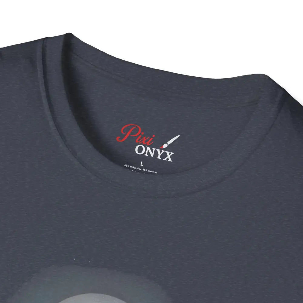 Dark gray Aurora Mountain Unisex Softstyle T-Shirt with red and white brand label, ribbed knit collar, shoulder tape stabilizes, reduces fabric waste
