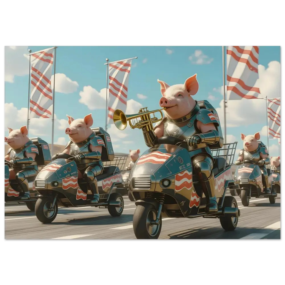Patriotic pig parade displayed on Bacon Battalion Aluminum Print shiny snack squad PixiOnyx gloss panel