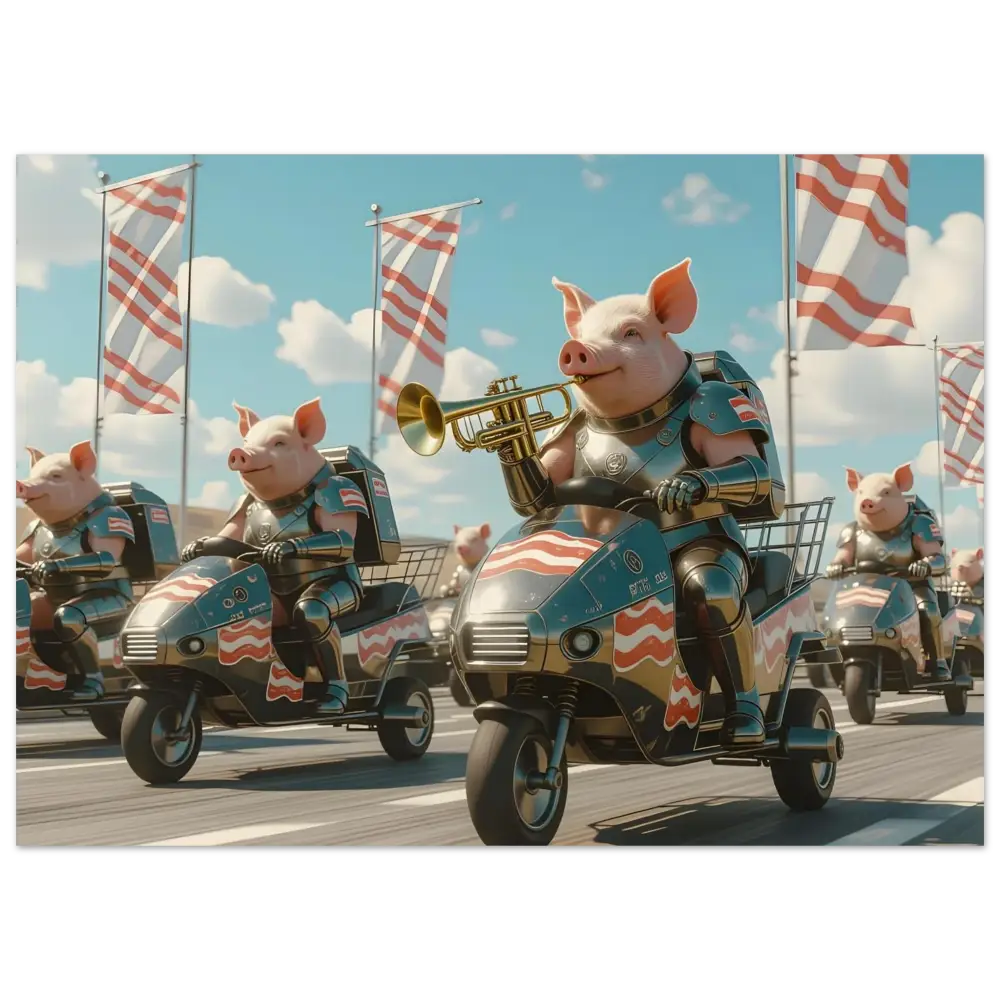 Patriotic pig parade displayed on Bacon Battalion Aluminum Print with Shiny Snack Squad design