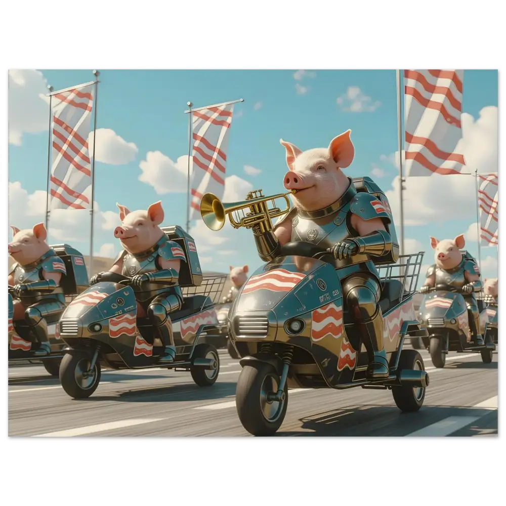 Patriotic pig parade depicted in tactical striped uniforms on Baccon Battalion Poster