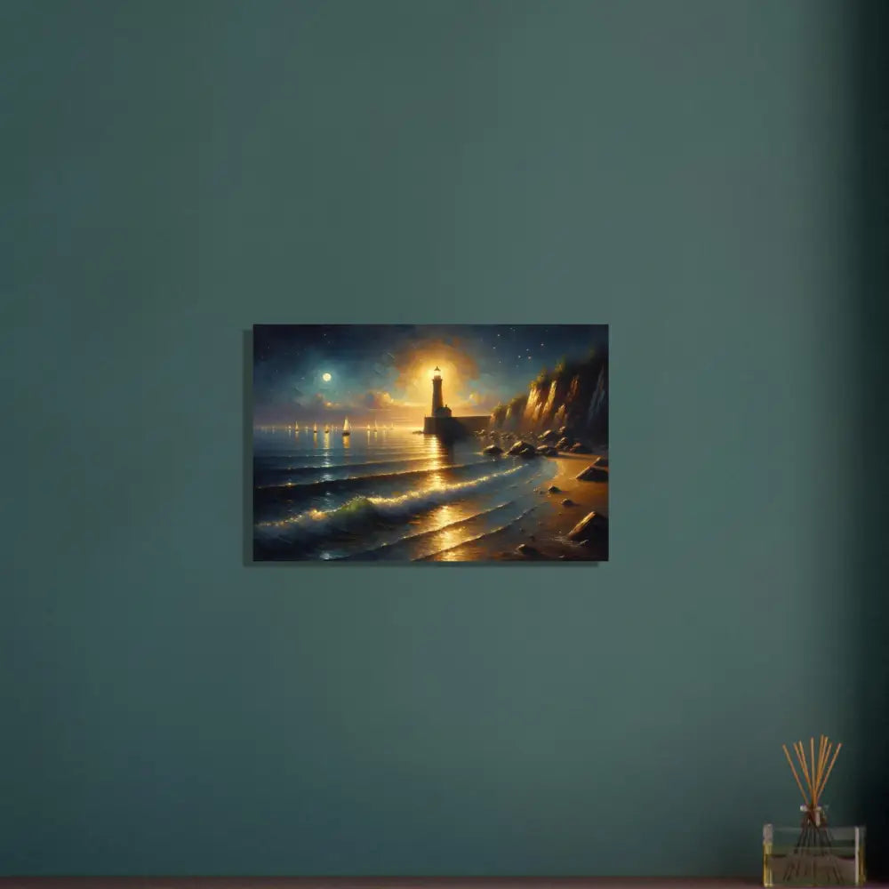 Lighthouse painting with golden light on tranquil coastline for Beacon of the Quiet Tide poster