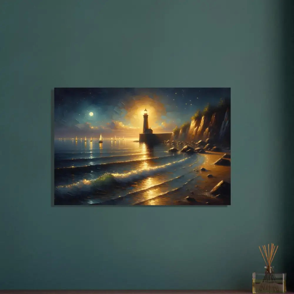 Lighthouse painting with moonlit ocean scene on PixiOnyx Tranquil Painterly Coastline Print