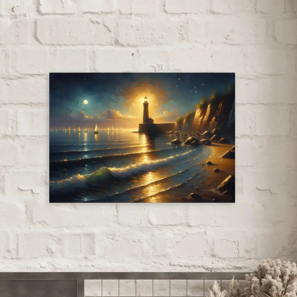 Lighthouse painting with moonlit ocean on PixiOnyx Tranquil Painterly Coastline Print