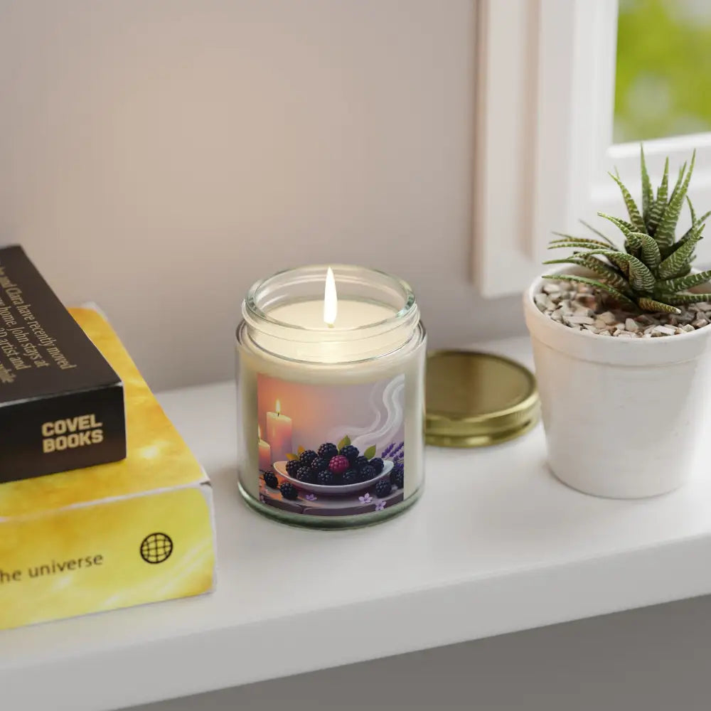 Berry-themed candle in a glass jar from PixiOnyx Aromatic Moodware Blackberry Vanilla scent