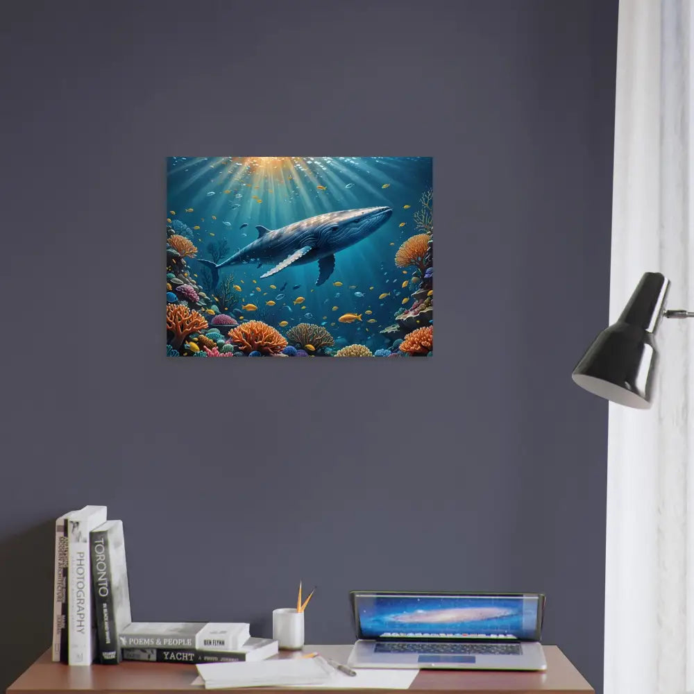Blue Whale Explorer Poster depicting a whale swimming in a vibrant coral reef
