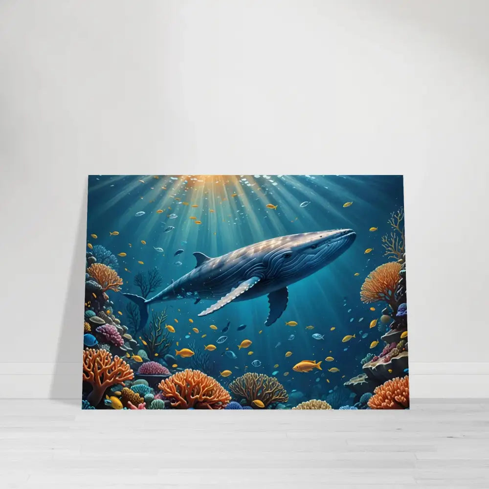 Underwater whale art displayed on the Blue Whale Metal Print by PixiOnyx Gloss Wall Display