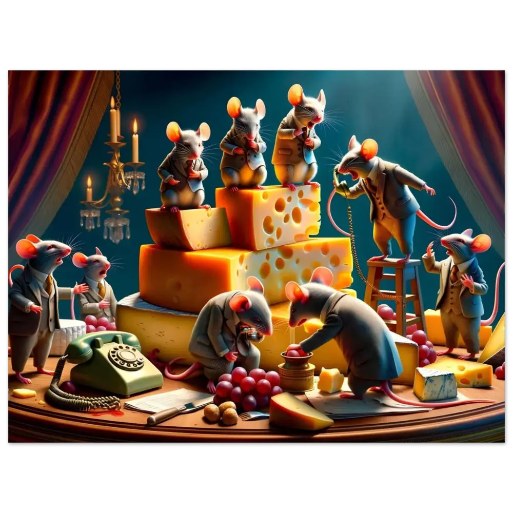 Anthropomorphic mice in suits with cheese on PixiOnyx Gloss Satire Panel aluminum print